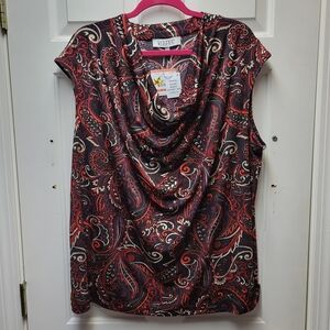 Kasper Red and Black Paisley Blouse with Gold Accents 3X